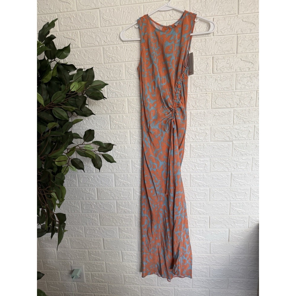 Rails Gabriella Orange Diffused Cheetah Midi Dress Sleeveless Ruched XS NEW